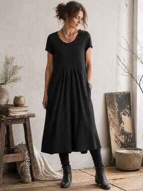 Gudrun Sjöden Black Organic Cotton Pleated Midi Dress S Minimalist Lagenlook